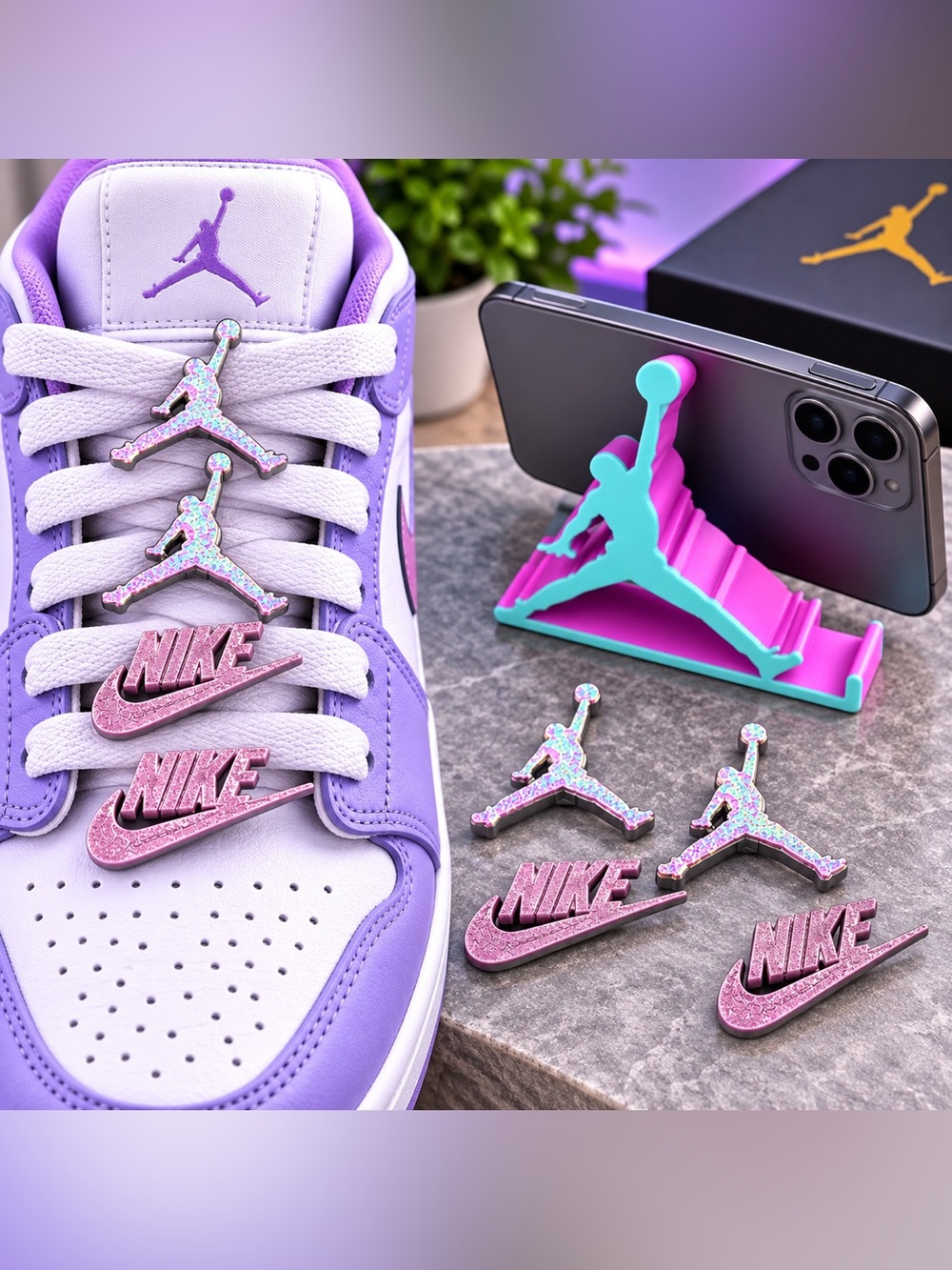 Lavender Swoosh & Jumpman Shoe Charms & Jumpman phone stand- 6-Pack